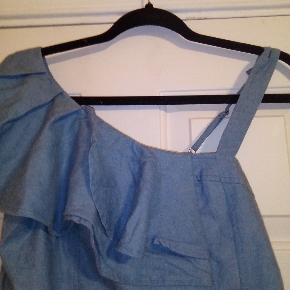 Lulumari Ruffle One Shoulder Blue Top Chambray Asymmetrical Button Corset Blouse - Picture 2 of 7